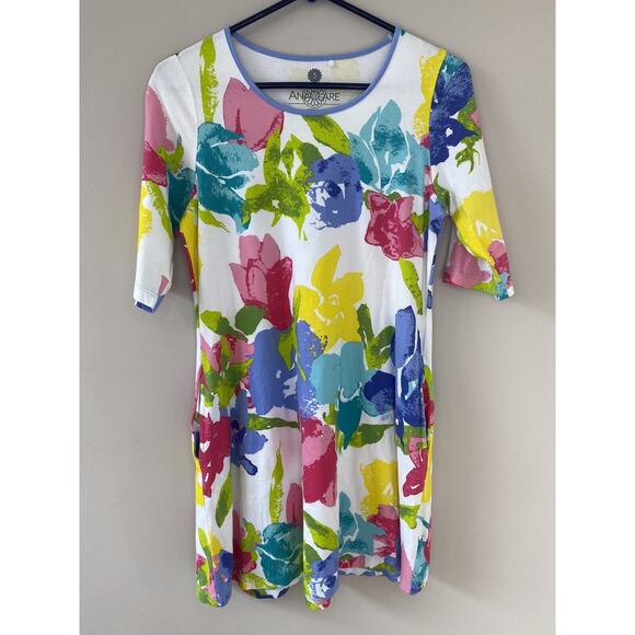 Anaclare Colorful Floral 3/4‎ Sleeve Shift Dress Pockets Stretch Size SMALL - Picture 1 of 7